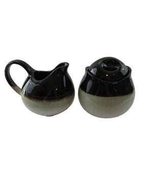 Sango Nova Black Creamer and Sugar Bowl Set With Lid Black Tan Cream Retro MCM